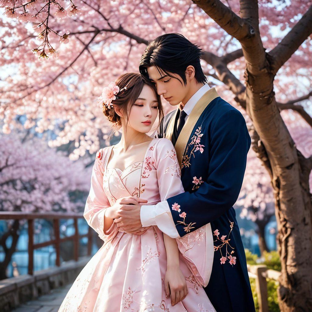 A vibrant and seductive scene featuring two anime characters entangled in an intimate embrace, set against a backdrop of luscious cherry blossoms and soft ambient lighting. The characters should embody mature themes through expressive facial features and elaborate costumes that blend elegance with allure. Subtle hints of fantasy, like glowing elements swirling around them, enhance the overall mood of mystery and desire. This composition balances sensuality with artistic beauty. super-realistic. vibrant colors. soft focus.