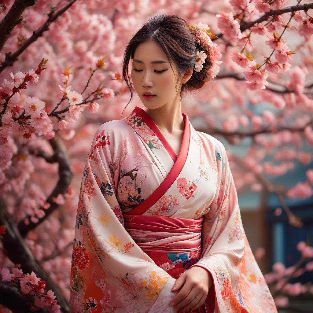 A mesmerizing scene featuring a sultry, ethereal figure enveloped in soft, flowing fabrics with abstract patterns symbolizing desire and intimacy. The background should showcase vibrant, swirling colors that evoke passion, blending elements of traditional Japanese art and modern erotic artistry. Incorporate subtle, whimsical motifs of nature, like blooming cherry blossoms, to enhance the sensuality. The overall atmosphere should feel both dreamlike and provocative. super-realistic. vibrant colors. soft focus.